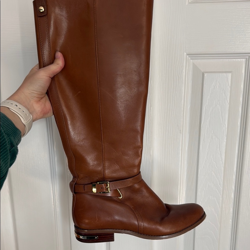 Brown Michael Kors Leather High Riding Boot with Buckle Detail
